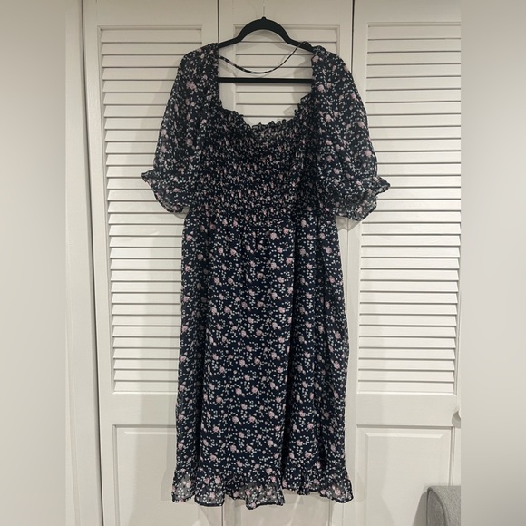 Navy Blue with Pink Floral Midi Dress - Picture 6 of 6